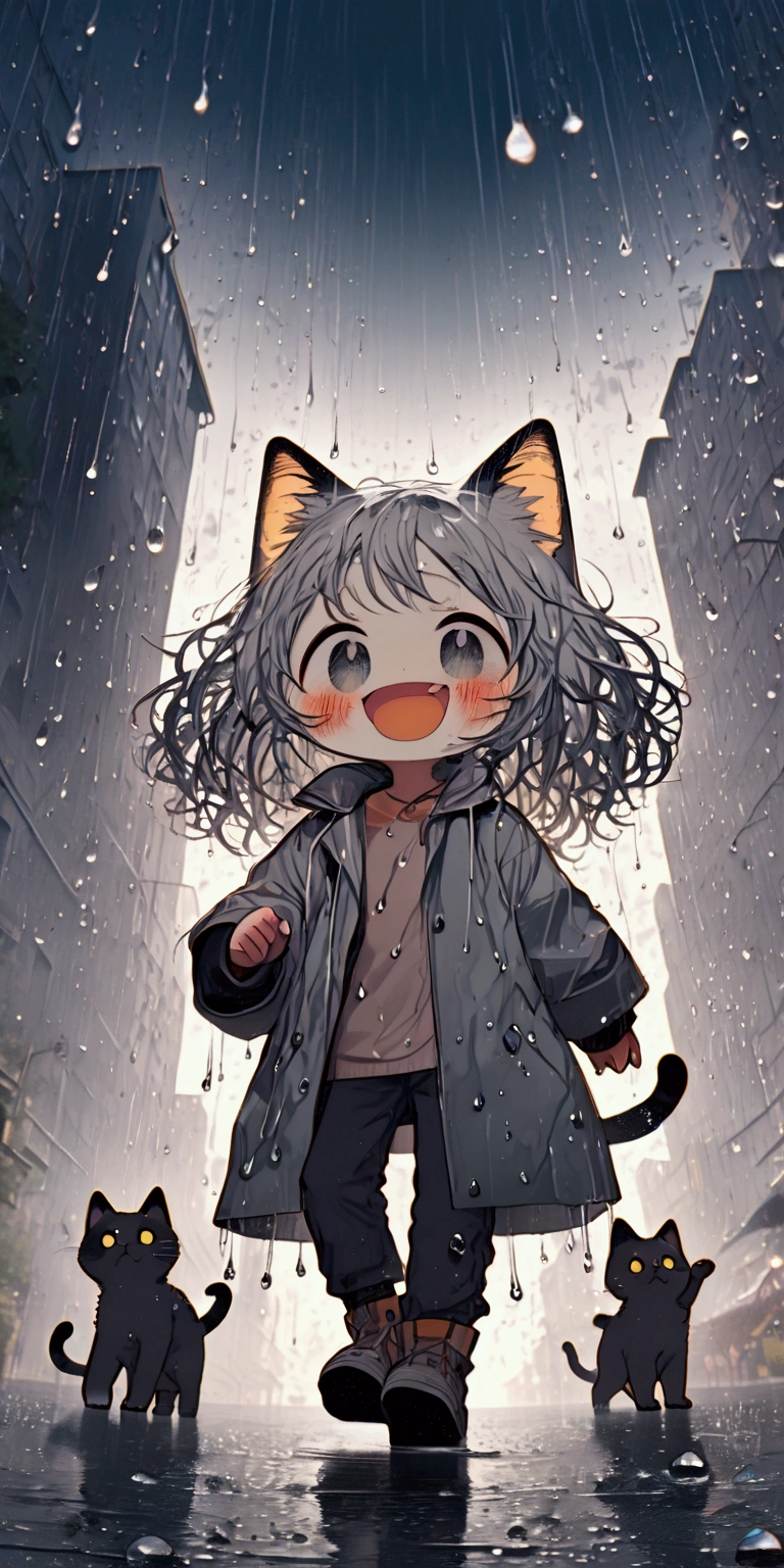 heavy storm,wind,(heavy rain:1.3), (big raindrops:1.4), (rainy sky),(many Circular ripples:1.3) of rain. 1girl/((catgirl:1.3),(furry:1.2),kemono,(chibi:1.2),cat ear,cat eye,cute, kawaii,hair floating, hair shining brightly, curly hair, short hair, messy hair, eye color cosmic, big eyes, (dynamic angle:1.4),(from below:1.4), long shot,short pants,(Walking:1.5) dynamically, (steps:1.3), skipping, (walk heavy steps:1.4),(big smile:1.3),open mouth,fangs,wet hair, wet, cute raincoat,happy,dynamic,in distance,full body,floating,(many colorful music notes:1.3)\). BREAK .background\(heavy rain, dark sky, beautiful waterdrops, long shot\),(from below:1.7),(ground level shot:1.7),(from directly below:1.7). BREAK .quality\(8k,wallpaper of extremely detailed CG unit, high resolution, top-quality, top-quality real texture skin, hyper realistic, increase the resolution, RAW photos, best quality, highly detailed, the wallpaper, golden ratio, high saturation realism, vibrant colors, dramatic lighting, persuasive storytelling, atmospheric scenery, captivating visuals, intricate details, strong emotions, dreamlike world\),realistic rain, high speed shutter, (fisheye lens), (focus on waterdrops), (landscape of sky:1.5), (dynamic angle:1.3),(long shot),(wide shot)