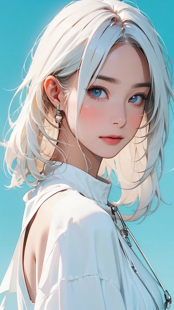 (masterpiece, best quality:1.2), 8k, 85mm, raw photo, absurdres, white and cyan theme, (liquid clothes, liquid dress:1.4), white hair, gradient dress, delicate girl, upper body, close up face, shiny skin, teen, looking at viewer, HDR, sharp focus, particle, twilight sky, detailed eyes and face, white hair, simple background