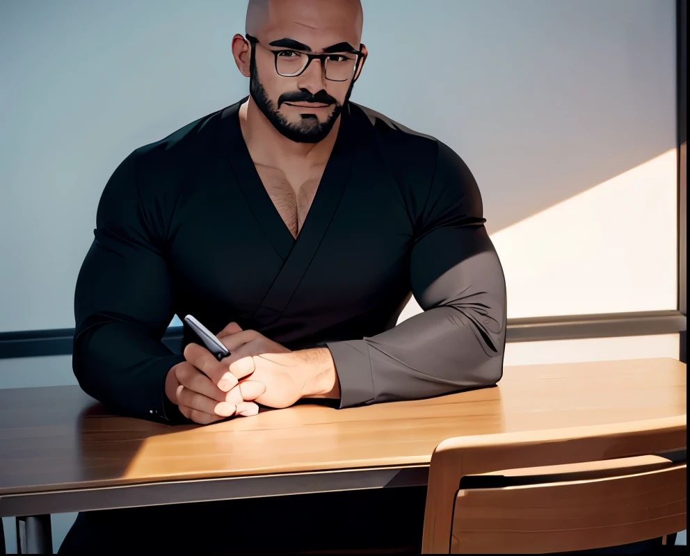 male teacher,(( speaking in a favorable light sitting with the black shadow of a human figure across the desk)),(look back,Look this way),shaved head, Japanese, Muscular,Wear a gray suit,180 cm 100 kg , handsome,Round Glasses,(好意的にしゃべっている:1.03)