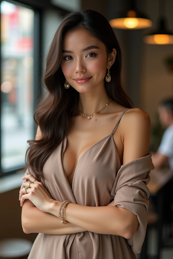 (in 8K, Raw-Photo, best quality, ​masterpiece:1.2), (epicrealism), (realism:1.6),  1 girl , 31yo, 3/4 body, realistic skin, (skin pores:1.4), a beauty, thai ancestry, beautiful thai girls, beautiful thai women, mestiza, perfect face, slim normal body, wolf cut, (wavy hair), bob cuts hair,(Cute smile), looking at viewer, blazers, tucked in shirts, skirt, office outfit, professional look, flat-chested, (gold necklace:1.2), ((The highest quality, 16 k, masterpiece: 1.3)), Biologically Correct Human, reference, detailed faces, luscious lips, detailed lips, detailed eyes, detailed hair, glittering eyes, realistic pupils, detaioed eyess, outdoor, sitting, cute pose, (smile:1.3), elegant, at a cafe, dynamic lighting, midmorning, bright lighting, white ambience light, backlight, summer, people in the background watching, deep depths of field, blurry background, dynamic background