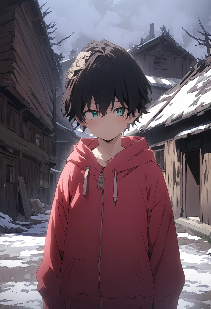 Short black hair, green eyes, male, school unfirom, bleak snowy background, dead trees, old and rustic buildings, gloomy background, highres, high quality, 8k, masterpiece, facing viewer, standing