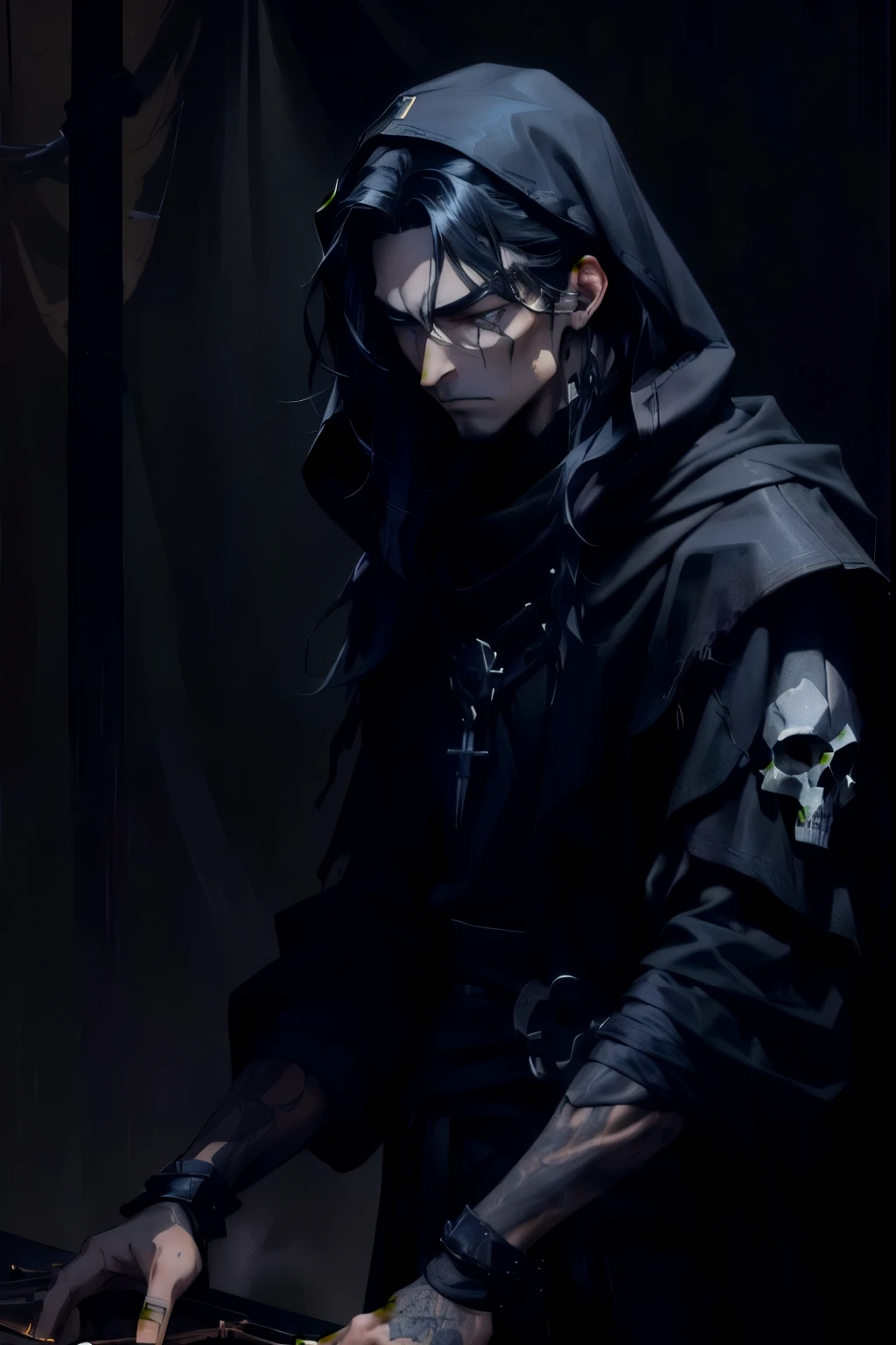 close-up, portrait, a male person in a dim dark tent tending to a table, standing to the right, wearing tattered cultish blackened torn robes with a hood, dark gray eyes, long black hair, hard facial features, male face, frowning, baggy black pants, black leather wrap bracers around forearms, small metal skull badge on the arm. flat shading, drawing outlines, apocalyptic