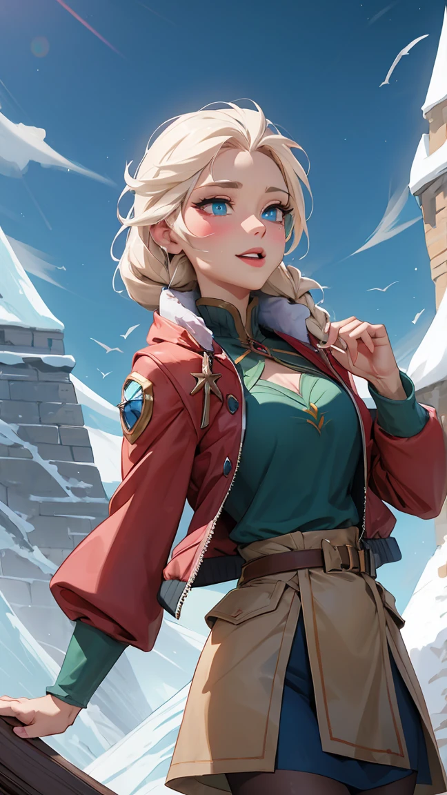 Photo of Anna of Arendelle as a bomber, Anna from Disney&#39;s Frozen movie, high and sexy,bomber, magnificent face, perfect body, provocative, Beautiful, show breasts, huge breasts, high, sexy legs, bursting huge breasts, Wide hips, busty, sexy, huge breasts, happy.