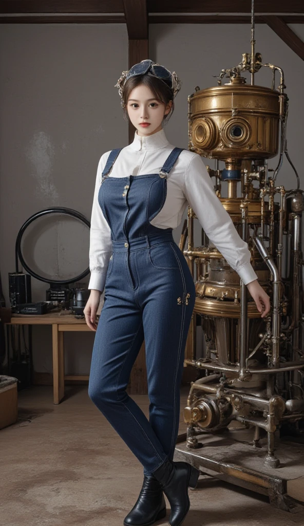 ( best quality, 4K, masterpiece :1.3), 1 Girl, (steampunk), landscape, steampunk room engine, repair engine ,  gear ,  gear , steam, boots, Jumpsuit, Goggles, Dirty face, Standing, mechanical,  oil on the floor ,  dirty floor 