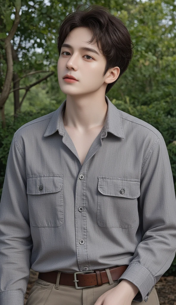 In the sunny forest ， there is a handsome young man ， he has curly black hair and bright blue eyes,  a handsome face with a thoughtful focused expression , full length,  wearing a simple gray shirt and vintage pants 