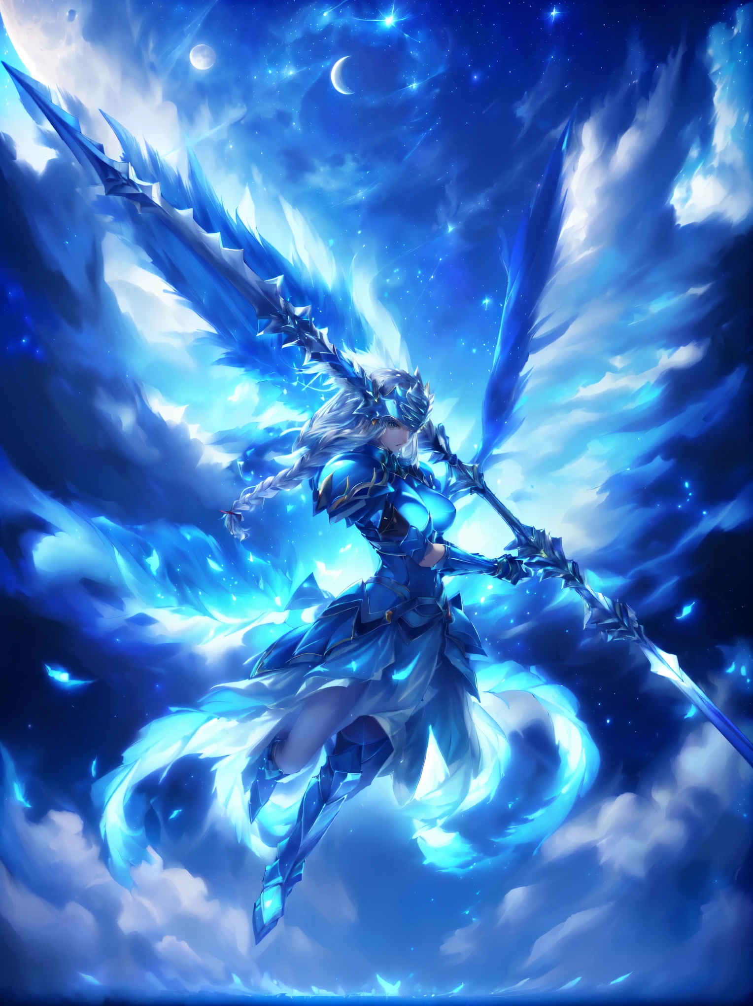 Archangel,  Legendary God Holds a Spear  ,Renesse floats in the sky and throws a spear  (solo：1.5 )，Maxi Kit,  full body shot,break，whole body, score_9,  score_8_Excellent,  score_7_Excellent, A 32K ，( detailed depiction)((Highly detailed CG integration), (( super real , Dynamic action poses with vivid 3D ))，(Realistic) detailed face ，(( dark blue eyes:1.4,  Round Eyes,  Clear Eyes, detailed eyes on board， beautiful lashes)),  hair with dazzling highlights  , braided hair,Grey Hair， beautiful skin ，Shiny blue armor ,Detailed Decorative Blue Armor ,  armored dress , （ silver helmet with red gemstones 1.5）,（Blue Armor 1 with No Exposed Skin .3),Blue shoulder brace , Blue Gauntlets, blue lower back armor 、 white skirt, blue shin guard ,blue long boots, The center of the belly is made of leather and color 、Sheath on the left waist , (holding ( Giant Silver Spear  :1.５)),(( dramatic graphic background ： starry sky ，Giant Moon、 beautifully detailed backgrounds ,Moon and star background ,Night Sky)), Pale Moonlight  ,((Two big, Shining Wings:1.3),(flight:1.5) scattered blue feathers、(( best quality)),( ultra high resolution),( super detailed)
