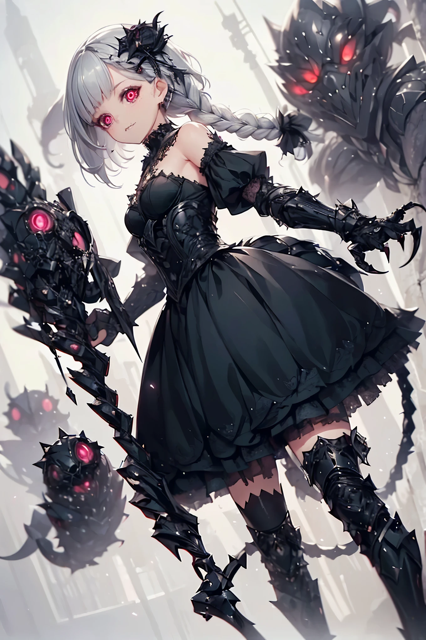 A girl with a tail. Black gothic dress. Black tail. Mechanical tail. Gothic walking stick. Silver hair. Horror eyes. Single braid. Armored left hand. Black gloves. Sharp claws. Spider eyes in hair. Big sharp black hair ornament. Luminous crystals on the dress. Dripping green slime.