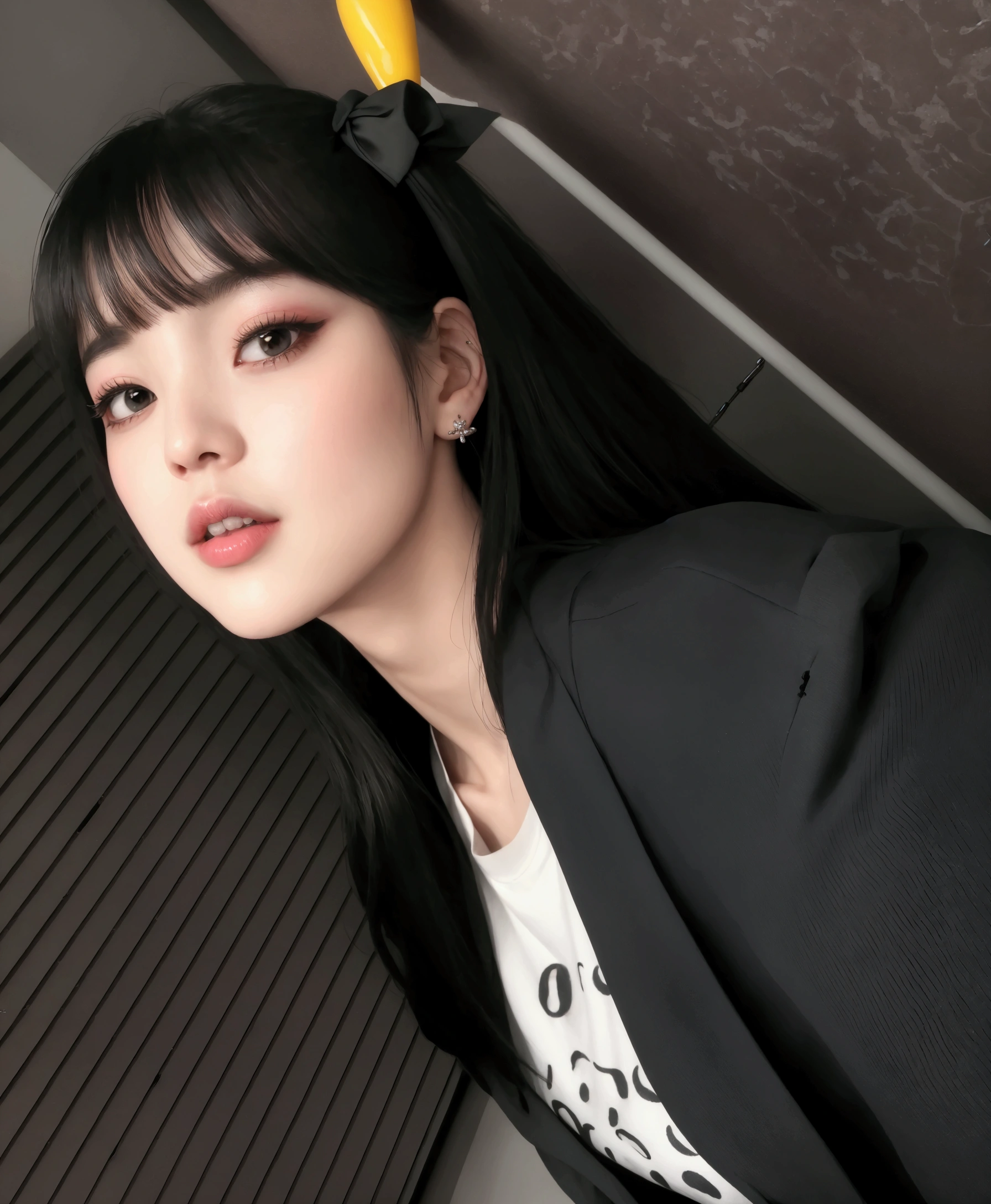 Jennie kim, black hair, straight, pale skin, large eyes, full lips, doll lips.
