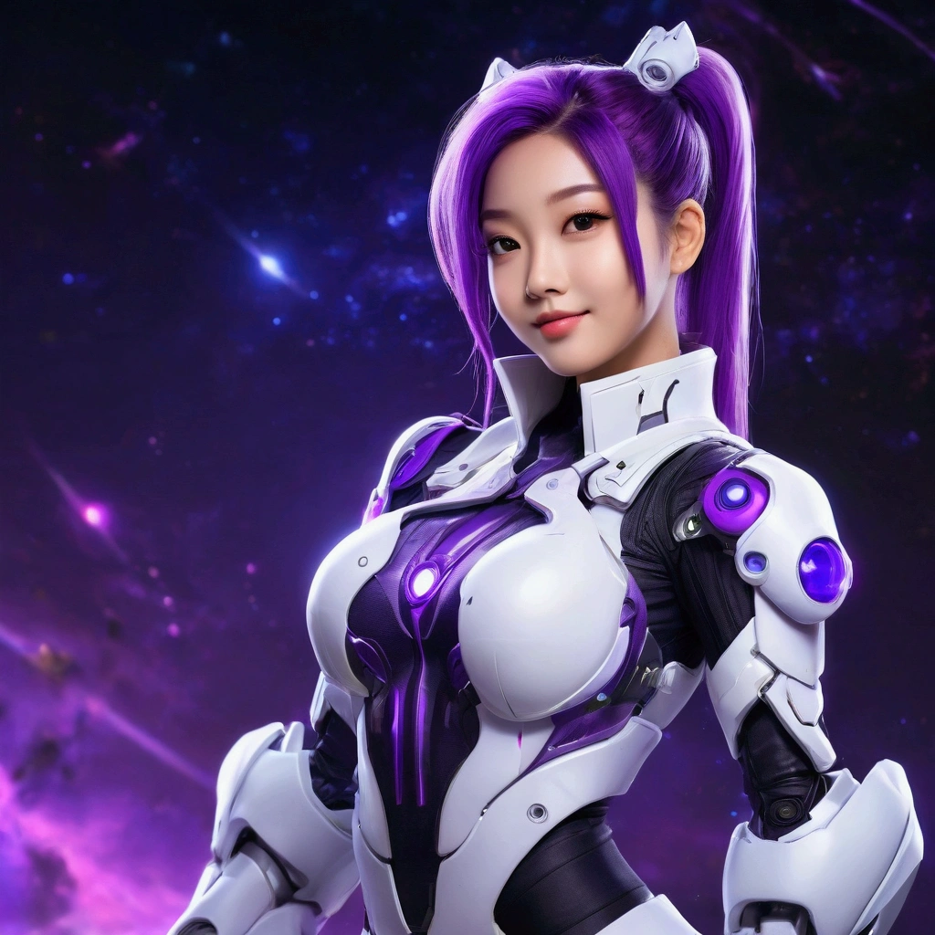 real photo of a semi curvy built woman with super long vibrant purple flowy double ponytails, wearing a nana inspired outfit (mecha baby skin) from the game mobile legends (white mechanical suit with minimal black details), cute semi sideview pose, looking straight at the camera, smiling, high resolution, glow effects, cinematic effect, marvel comics style art, black galaxy background