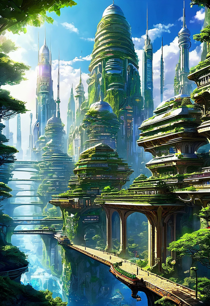 (((A utopian world with futuristic science fiction and fairy tale elements，Mechanical metal combined with classical mythological elements)))，(In this illustration of a utopian world，Describe a fairy tale、An ideal country with science fiction elements。The background is a majestic city，The architectural style combines futuristic and sci-fi elements。Soaring towers and modern glass buildings complement ancient pavilions and temples。The city is surrounded by a verdant forest and clear river，Showing the harmonious coexistence of man and nature。In the heart of the city)，(There is a huge secret garden，There are all kinds of fantastic plants and creatures growing inside。There are trees that can talk.、Singing birds and various cute animals。In the corner of the garden，There is a huge castle，Its towers reach into the sky)。(science fiction elements：in this utopian world，Technology and nature coexist harmoniously。High-speed maglev trains shuttle through the city，People are flying freely in the air in environmentally friendly aircraft.。Cities are powered by solar energy、Renewable resources such as wind and water energy，Guaranteed ecological sustainable development)。(Cultures：in this utopian world，Cultures of various countries coexist harmoniously，People respect and learn from each other&#39;s traditions and customs。There are various styles of buildings in the city、Sculpture and Artwork，Showcasing the essence of cultures from around the world), (The is very detailed, Well designed, Clear lines, k hd, Best quality at best, tmasterpiece, offcial art, movie light effect, 8k)， (Perspectives, first person perspective, Ghibli-style colors, Luminism,  movie lights, hyper HD, tmasterpiece, acurate, Anatomically correct, ctextured skin, super detailing, high detal, high qulity, Award-Awarded, Best quality at best, 16k), ((RGB palette，Ultra-high saturation，Fine picture)), fantasy00d