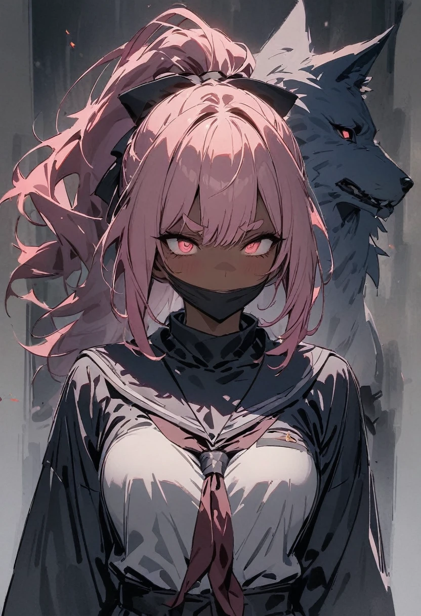 masterpiece, best quality, 1 woman, pink hair, ponytail, dark skin, ethereal aura, serenity, wielded bow, light garments, behind her is a spectral wolf, fierce nature, visual duality, soul hunters, smooth transition, agile posture, intense expression, light tones, dark tones, black facial mask.