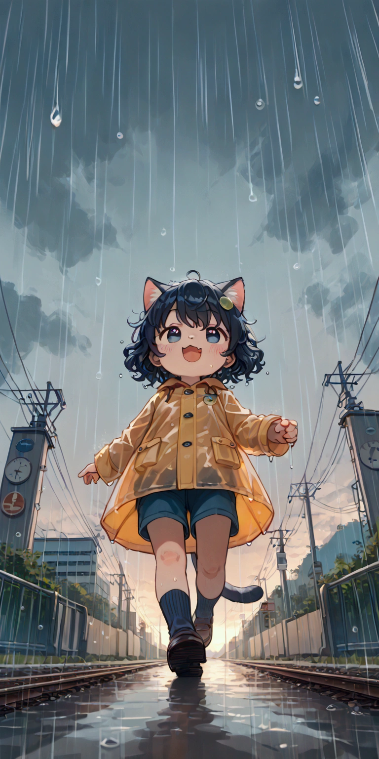 
heavy storm,wind,(heavy rain:1.5), (big raindrops:1.5), (rainy sky:1.5),(many rain ripples:1.3). 1girl/((catgirl:1.3),(furry:1.2),kemono,(chibi:1.2),cat ear,cat eye,cute, kawaii,hair floating, hair shining brightly, curly hair, short hair, messy hair, eye color cosmic, big eyes, (dynamic angle:1.4),(from below:1.4), long shot,short pants,(Walking:1.5) dynamically, (steps:1.3), skipping, (walk heavy steps:1.4),(big smile:1.3),open mouth,fangs,wet hair, wet, cute raincoat,happy,dynamic,in distance,full body,floating\) .background\(heavy rain, dark sky, beautiful waterdrops, long shot\),(from below:1.7),(ground level shot:1.7),(from directly below:1.7). score_9, score_8_up, score_7_up, score_6_up, score_5_up, score_4_up, source_anime,source_furry,rating_safe,rating_questionable,masterpiece, best quality, perfect anatomy , very aesthetic , absurdres,,realistic rain, high speed shutter, (fisheye lens), (focus on waterdrops), (landscape of sky:1.5), (dynamic angle:1.3),(long shot),(wide shot)