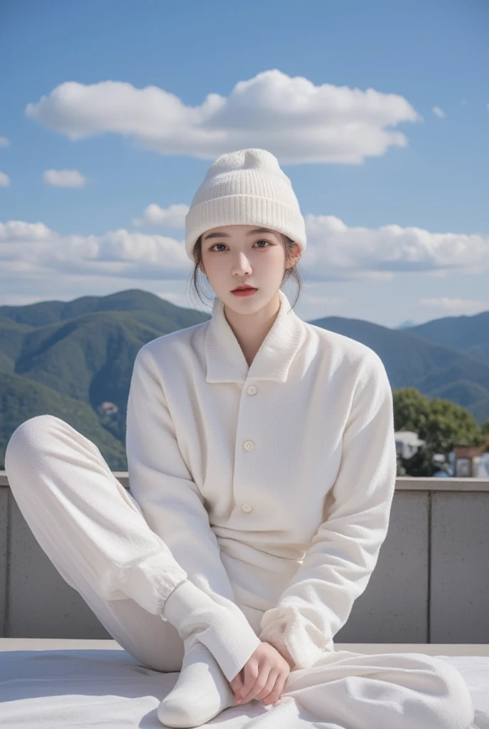 Ke Qingde,  upper body,  Smile,  blush, Outdoors, sky,  simple background, blue sky空, Short hair, sky空, temple,  watching the audience, ladder, Mountain,  Melancholy Lights, facing viewer,