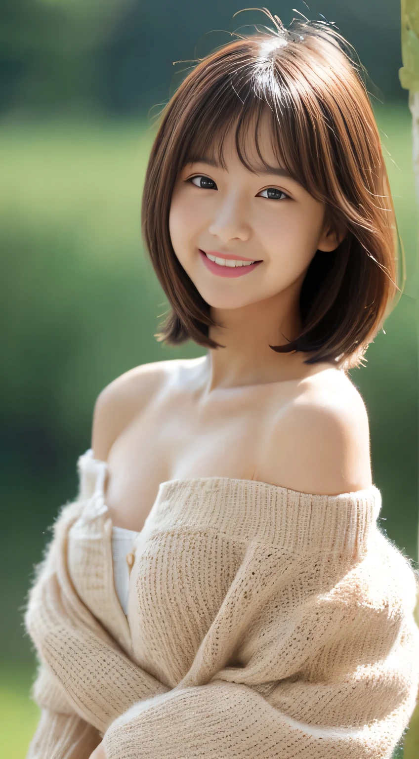 table top, highest quality, shape, Super detailed, finely, High resolution, 8k wallpaper, 完璧なダイナミックな構shape、Mature woman 27 years old cute girl、sweet girl、fiery idol pose、detailed face、Super detailedかわいい目、realistic lips、realistic and beautiful skin、shy smile、wavy brown short cut hair、small breasts、bold sexy pose、Sweater with one shoulder exposed、nature&#39;green、