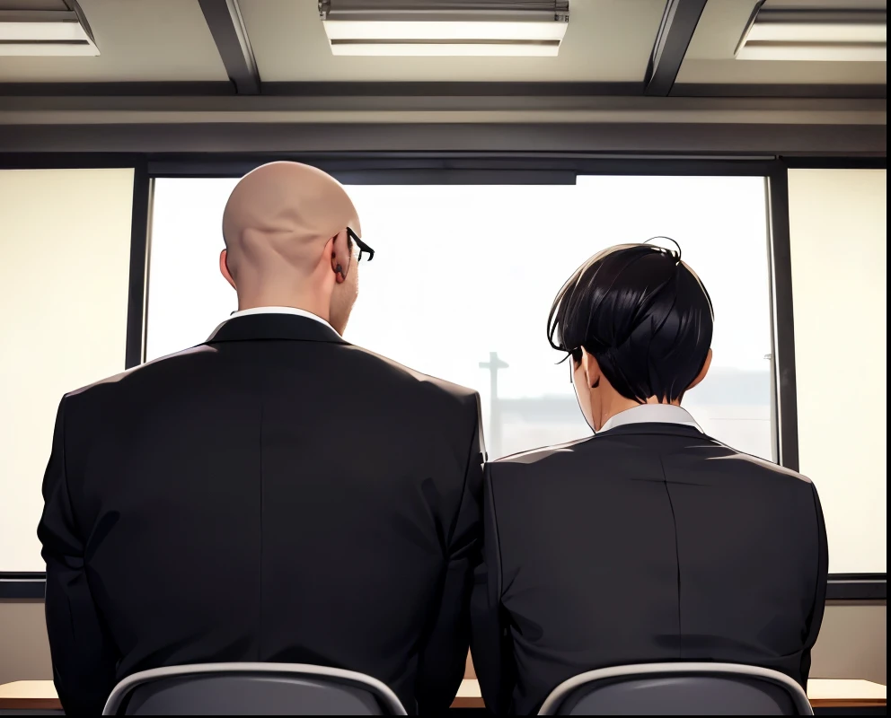  Two People Discussing Across Desks , Male Teacher and Black Shadow , Japanese,Counseling Room,(( Male Classroom and Puppet Black Shadows Across Desks)),(look back,Look this way),(Male Teacher Details 　shaved head, Japanese, Muscular,Wear a gray suit,180 cm 100 kg , handsome,Round Glasses),( speaking favorably :1.03)