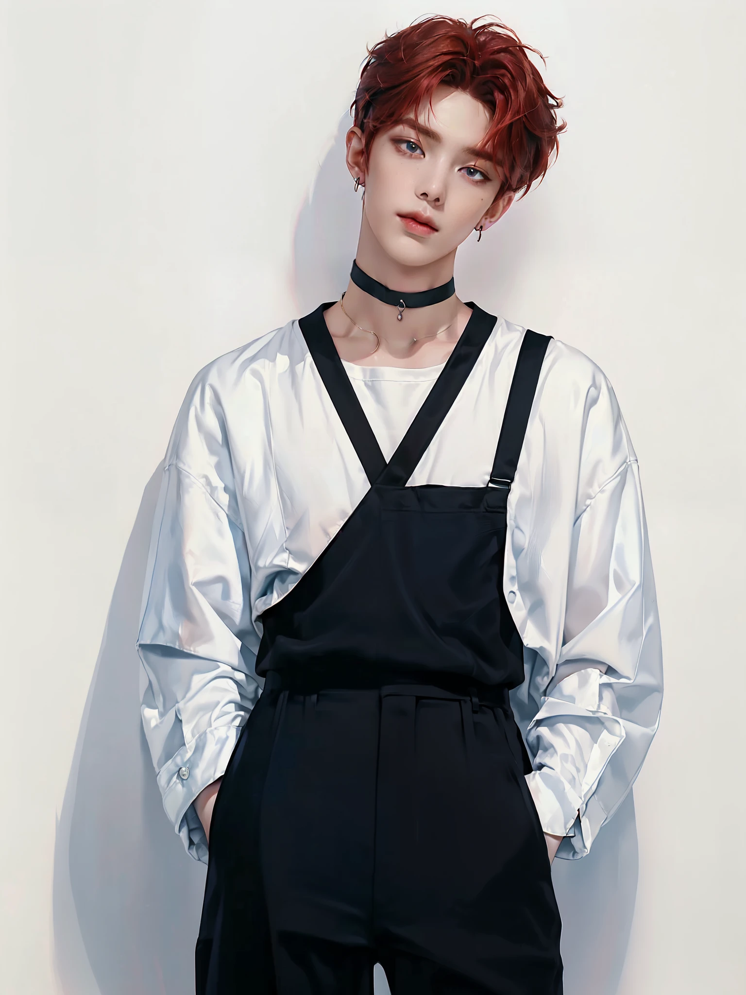 (4K)) ((  high quality  )) ((  white background )) ((, the amber-red hair color )) ((blue trousers)) ((one member of a k-pop group)) ((, the amber-red hair color )) (( Yongjun has a sophisticated and attractive appearance ,  with soft facial features ,  with perfect skin and expressive eyes . his nose is long, plump lips.  medium length hair , slightly wavy,  earrings painted in a warm reddish tint with a slight honey tint . The hair is styled like this ,  so that the bangs cover your forehead on both sides ,  frame creating a mysterious and romantic image )) (( dressed in a light white silk t-shirt or top or a black or dark red velvet vest)) ((suspender,  carelessly lowered or slightly worn for the speaker )) (( black pants with a shiny effect )) ((Accessories:  Metallic choker ,  speaker thin ,  clip earring or small ear ring )) (( relaxed pose )) ((full length pose)) (( looks directly at the camera)) ((hand in pocket)) ((full length pose)) (( with no other characters in the )) ((painting in artistic style)) (( white background))
