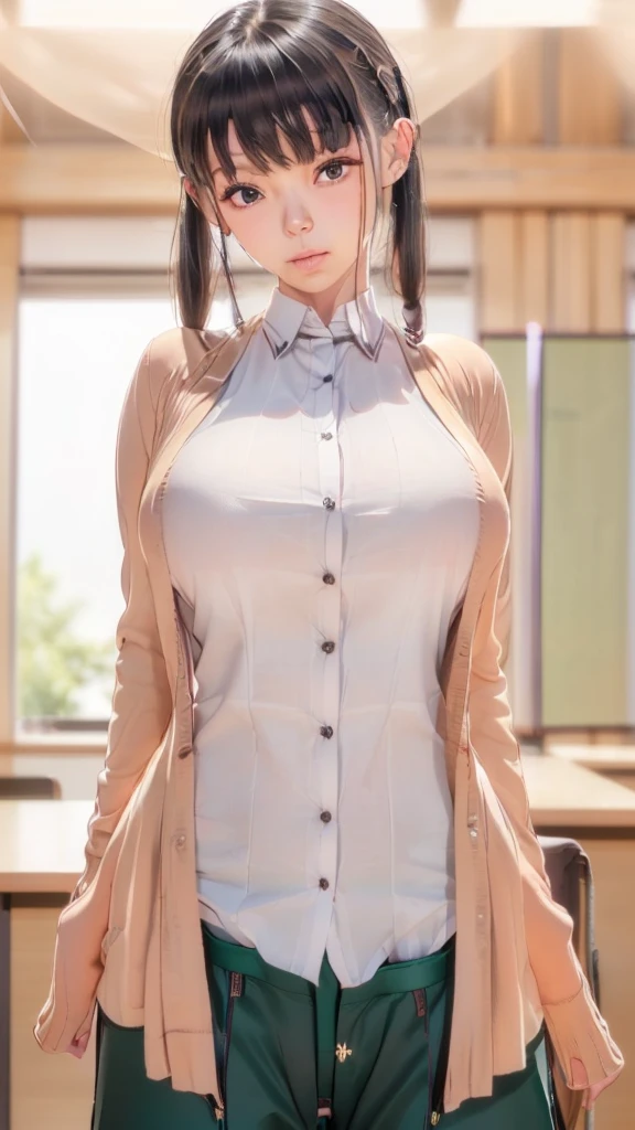 Topquality,((1girl )) ,(((cardigan only:1.3))),(black eyes:1.3) ,  (glamorous slim body:1.1),UHD, anatomically correct, super detail, high details, best quality, 8k , depth of field,((long twintail:1.5)),((in school:1.6)),((sexy pose)), (((she is  not wearing a shirt pants:2.0)))