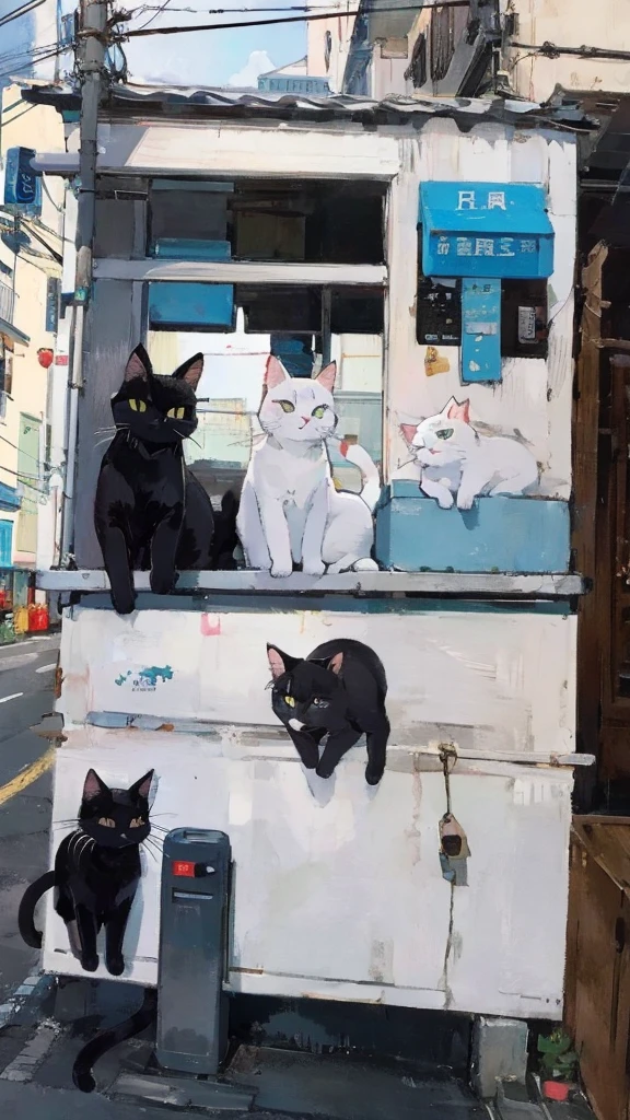 handwritten illustration 、road、Electric pole、(Three-haired cat、White cat、Black Cat、 lots of cats )
