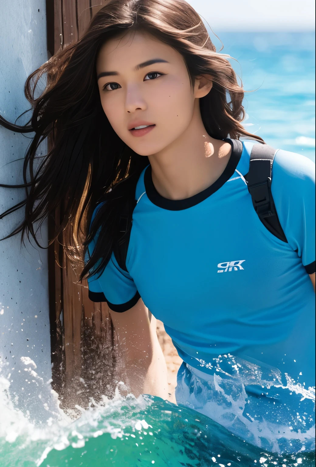 elementary student School swim wear rash guard under the water