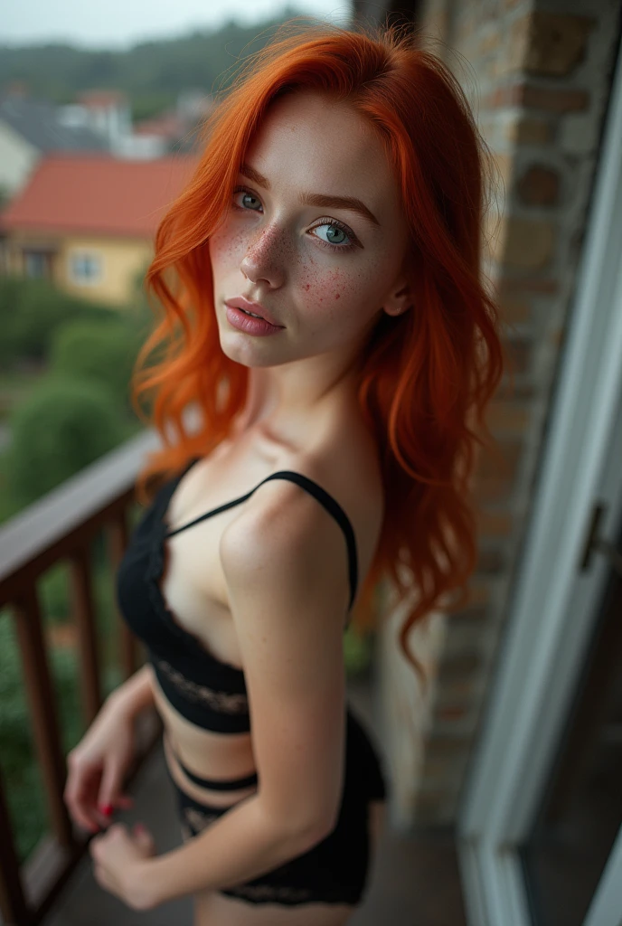 wide-angle close-up photo portrait of the body of an Afghan pale girl, red hair with a square), (posing on the street among the intricate shore of a meadow prairie outside Chengdu: 1.1), a crowded street with a café in the distance, a cold dark sunset at dusk, a flash, an orange-red glow, (bezel of light: 1.1), (in a linen-cotton blend of slate-gray Victorian collar, ornate lace and long gloves: 1.1), garter, (small breasts),  (hands behind the head), (focus on the eyes), angelic, beautiful face, (irritated look), (harsh light on the skin: 1.2), (hard shadows, dark theme, unlit, dim lighting, deep contrast: 1.1), (portrait photo by Annie Liebowitz), mint and coral aesthetic dark theme, (skin imperfections, freckled: 0.4)