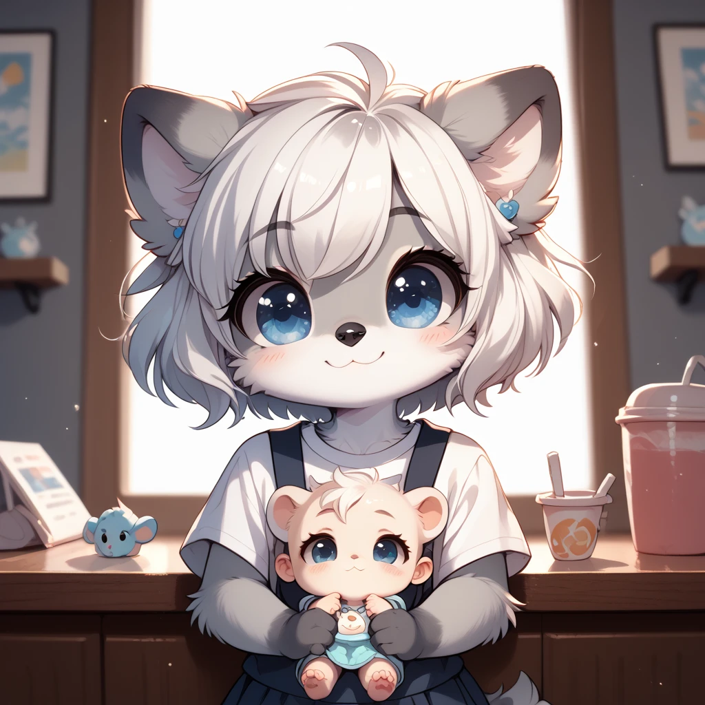 1girl, baby fox, furry, gray fur, blue eyes, white hair, short hair, smile, :3, cute face