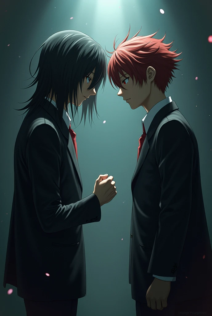 An emotional, dramatic scene with two characters embracing each other, inspired by the music of Kairiki Bear. The characters should have expressive, intense emotions, with one character looking worried and the other offering comfort. Use a dark, saturated color palette with contrasting red and deep blue tones. The background should be abstract, featuring elements like broken clocks, gears, and mechanical parts to enhance the atmosphere of tension and drama. Add detailed textures, such as cracks and tears, to emphasize the intensity of the moment. Create a sense of tension and unease, reflecting the themes of Kairiki Bear's music.