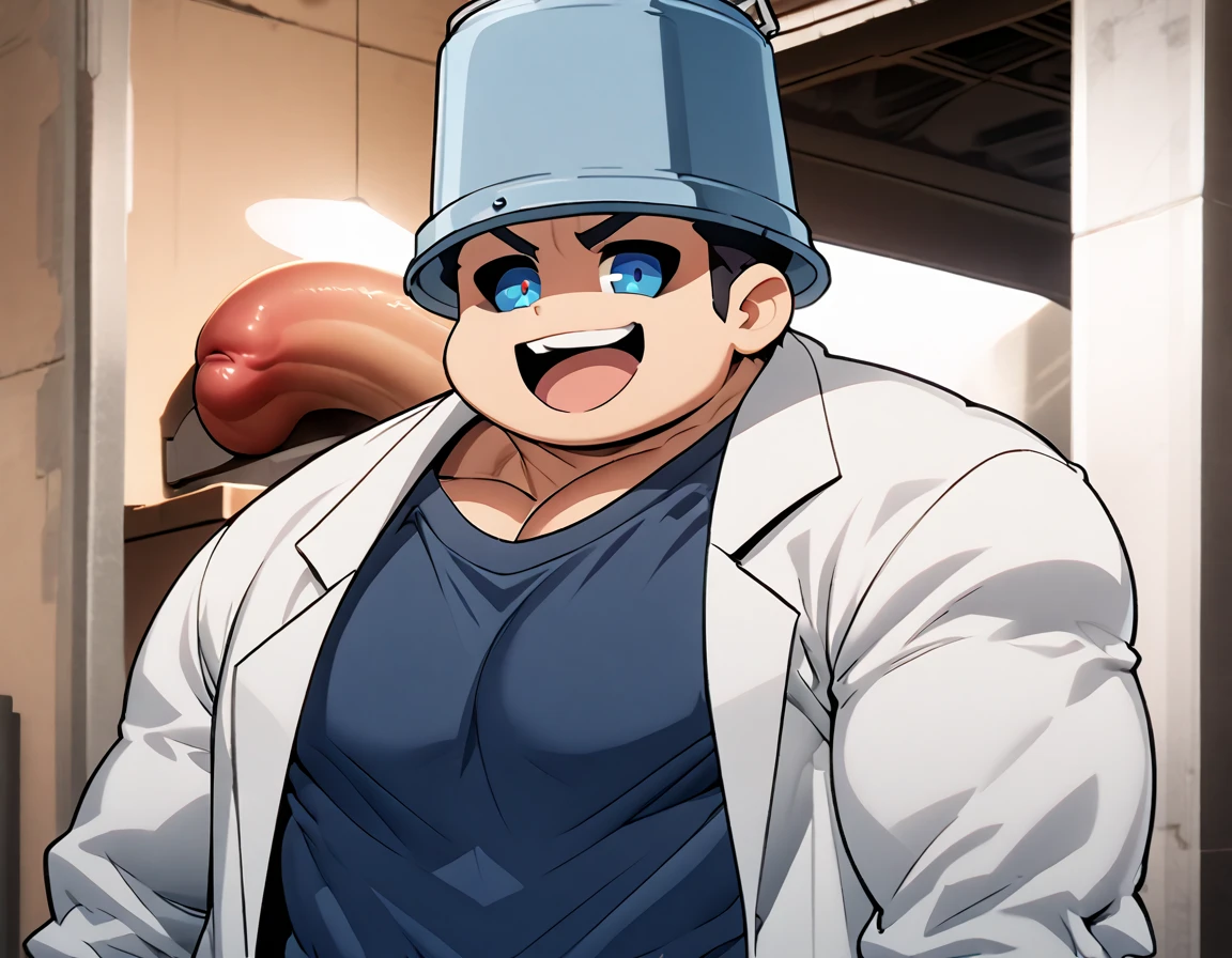  anatomically correct,  Max Image,( huge muscles, huge erect penis),zPDXL2,rating_safe,blue eyes,1boy,Alone,male focus,shirt,looking at viewer,object on head,smile,mismatched sclera,colored sclera,(black sclera:0.5),bucket on head,(hand on headwear:0.8),oversized clothes,open mouth,bucket,upper body,lab coat,(:0.5),Chibi