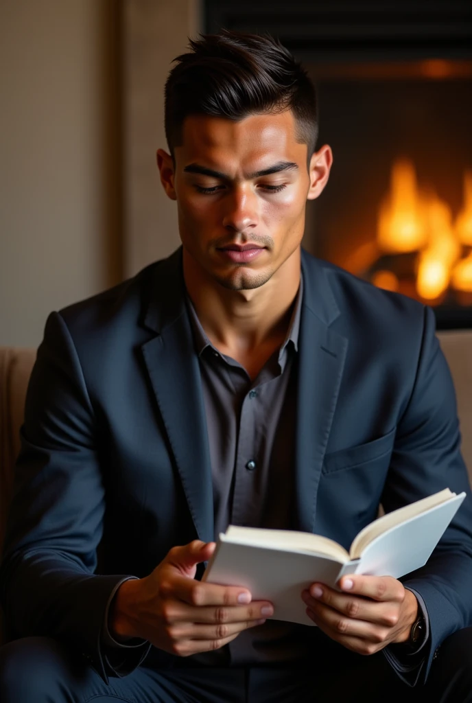 Ronaldo in a suit, small head, extremely detailed skin, reading seated on sofa, in front of fireplace, blurred background.