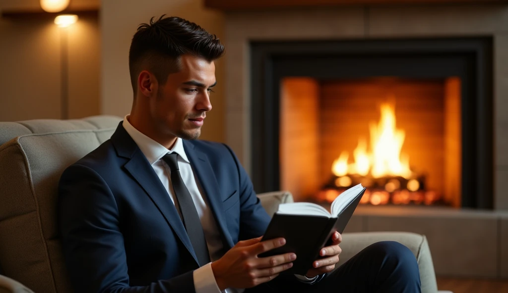 Ronaldo in a suit, small head, extremely detailed skin, reading seated on sofa, in front of fireplace, blurred background.