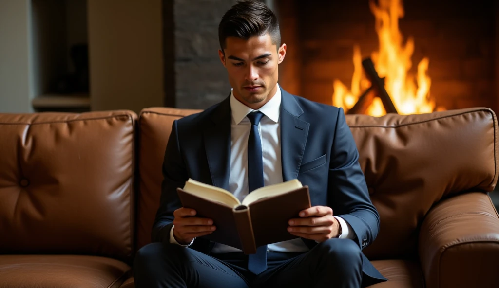 Ronaldo in a suit, small head, extremely detailed skin, reading seated on sofa, in front of fireplace, blurred background.