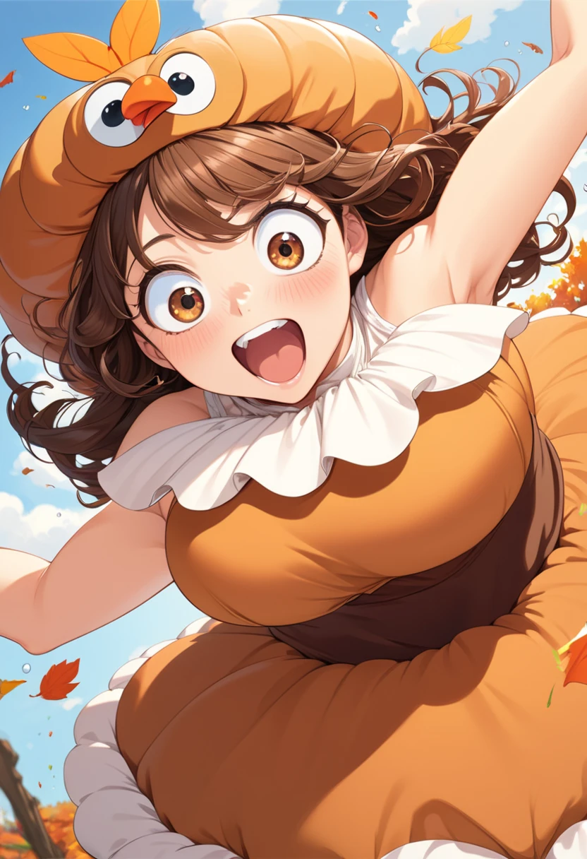 detailed illustration, dynamic angle, ultra-detailed, illustration, 1girl, 18 year old, school girl, wavy brown hair, long hair, bright brown eyes, happy, wide eyes, big eyes, shocked eyes, delighted eyes, elated, joyful, playful, jumping, bouncing breasts, cleavage, medium breasts, Thanksgiving, turkey costume, flush, blush, horny