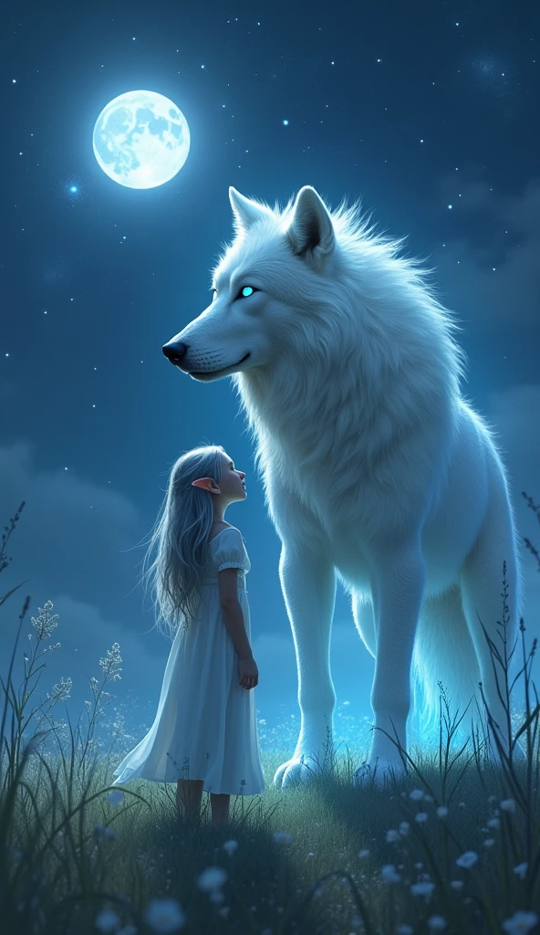 "A magical nighttime scene featuring a young elf with pointed ears and ...