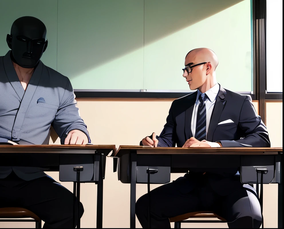 Male teacher and student , Japanese,Counseling Room,(( across the desk, the student is a black shadow of a puppet figure)),(look back,Look this way),shaved head, Japanese, Muscular,Wear a gray suit,180 cm 100 kg , handsome,Round Glasses,( speaking favorably :1.03)