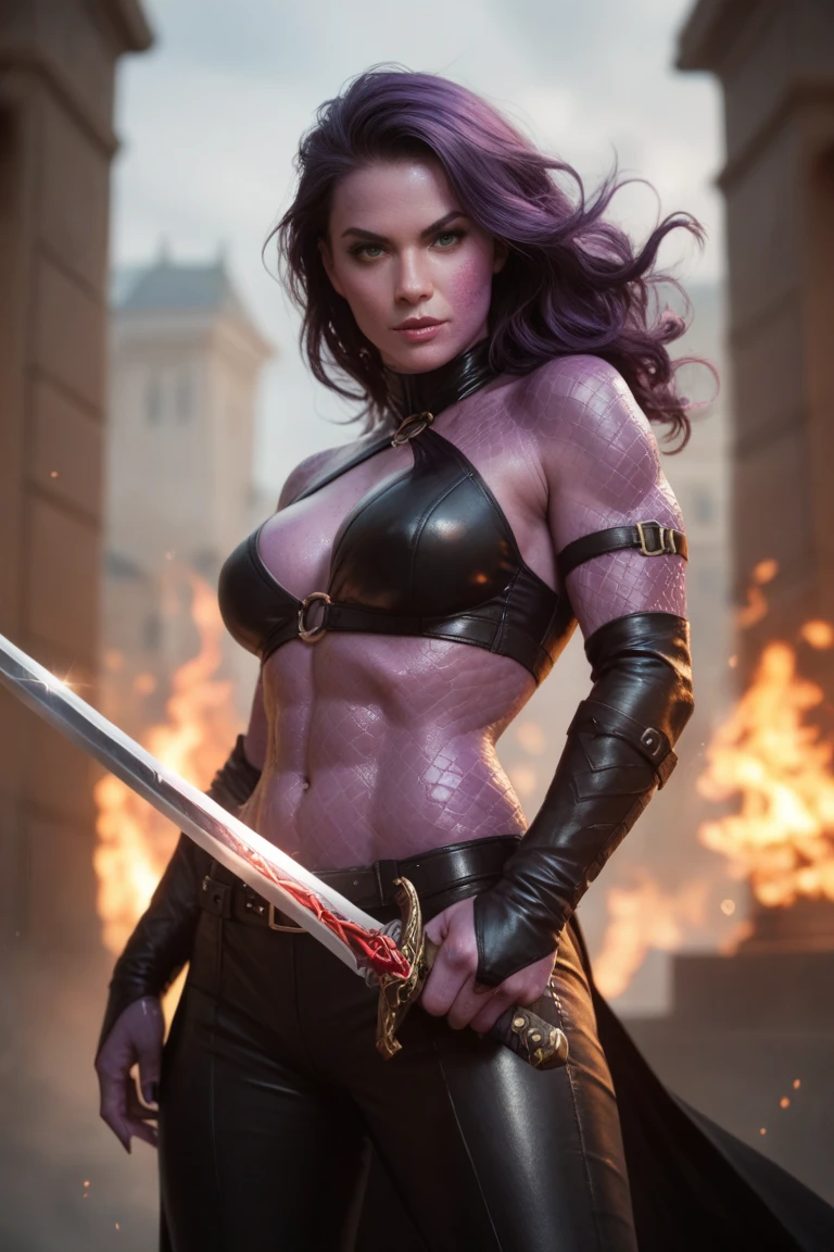 8K,sister of the queen of the underworld,Super beautiful(like the real thing),Fearless face,Sharp focus, purple mohawk hair,devil's horns,very delicate eyes and pupils,realistic skin,very fine hair,muscular body macho,Violent and strongly cracked abdominal muscles,Luxurious and sexy outfits,gorgeous purple and red coat,sensory gas,glossy lips,luxurious black purple pants,elf ears,realism,beautiful expression,masterpiece,highest qualityのフォトリアリスティックなRAW写真。bright colors,rich colors, Backlight, cinematic lighting, film grain, to be born, 50mm lens, Nikon D850,detailed character art,fantasy art,ultra high resolution,super realistic skin,perfect hand shape,Photoreal,Raw photo,highest quality;1.4 ,Vicious smile,very small breasts,full body muscle armor,macho body shape,Rising muscles,In front of the ruins,fighting pose,dynamic pose,