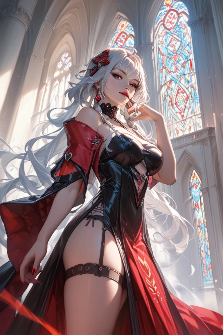 A very beautiful vampire with big boobs big ass white hair red eyes in a cathedral wearing a very refined royal dress