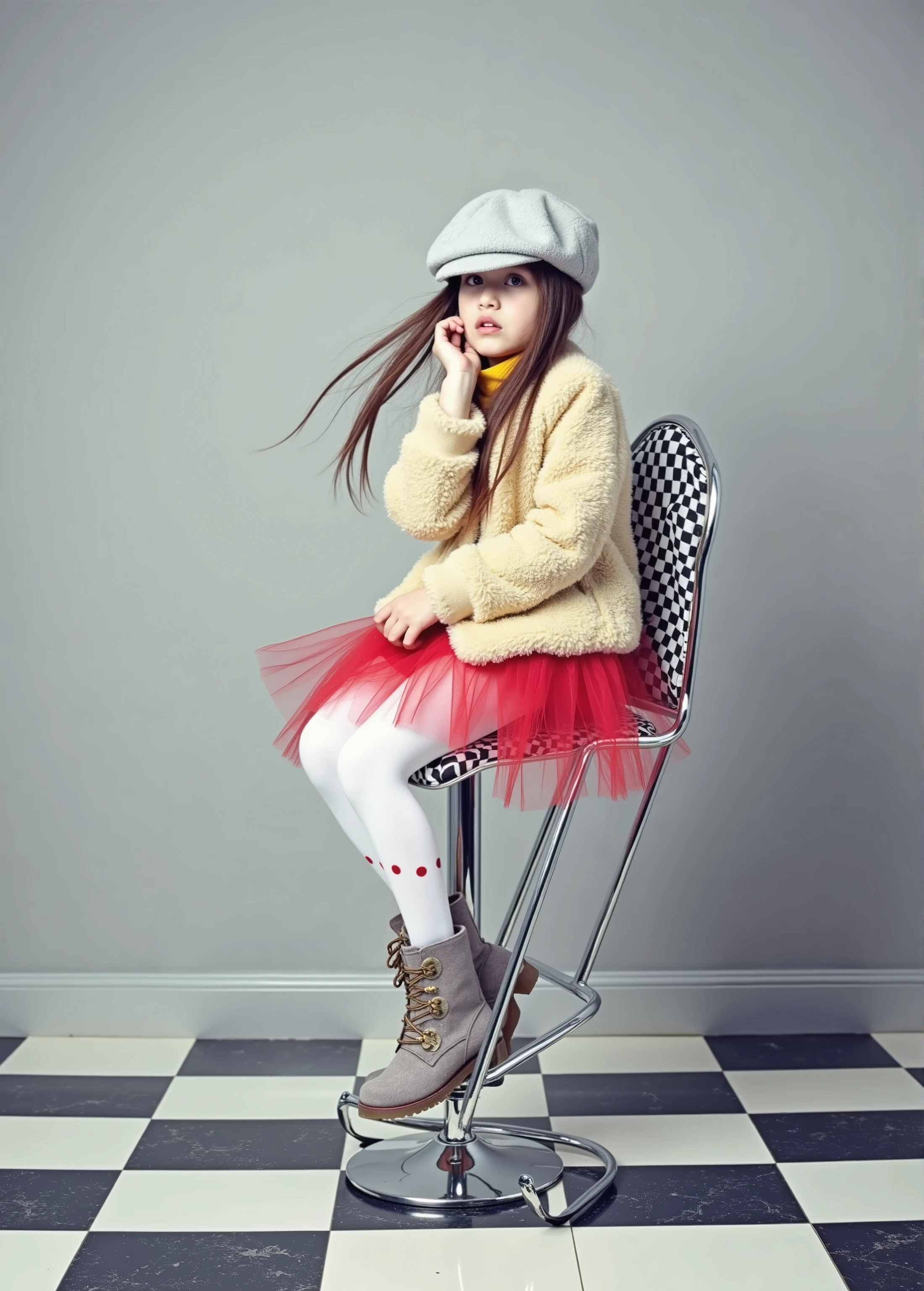 BLONDE CHILD girl,wearing a pink hat and scarf sitting on a black leather chair, photo from a promotional session, promotional photoshoot, young girl, beautiful young model, pink cowboy hat, young teenager, photo shoot, photoshoot, inspired by Toros Roslin, red dress and hat, modeling essay, young and beautiful girl, studio portrait photography, photoshoot solo