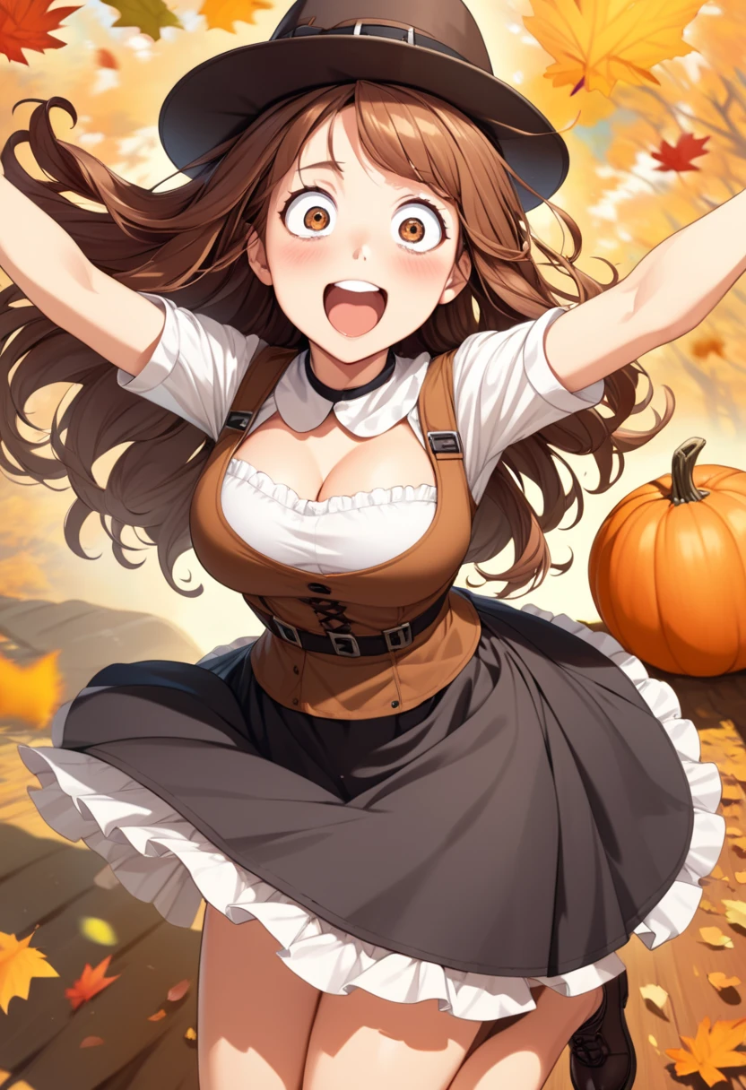 detailed illustration, dynamic angle, ultra-detailed, illustration, 1girl, 18 year old, school girl, wavy brown hair, long hair, bright brown eyes, happy, wide eyes, big eyes, shocked eyes, delighted eyes, elated, joyful, playful, jumping, bouncing breasts, cleavage, medium breasts, Thanksgiving, sexy pilgrim costume, cleavage, medium breasts, pilgrim costume, flush, blush, horny