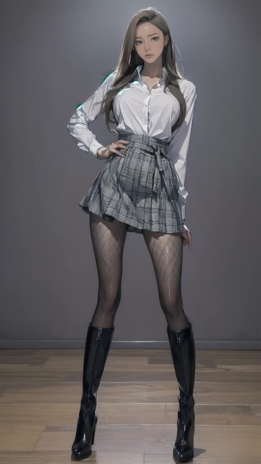 Masterpiece, ((full length image)),((( red-haired girl in handcuffs))), short lace plaid skirt, plunging short sleeve blouse, high-heeled sandals, open belly, braids