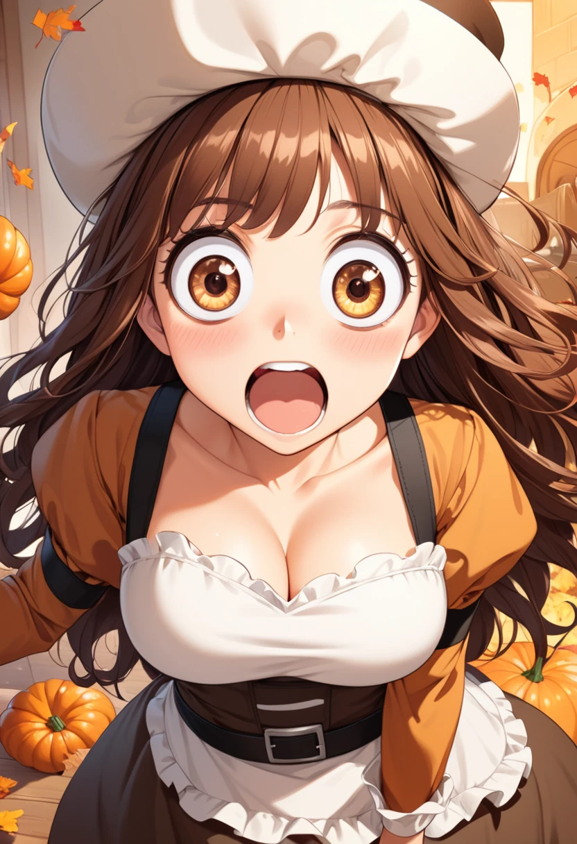 detailed illustration, dynamic angle, ultra-detailed, illustration, 1girl, 18 year old, school girl, wavy brown hair, long hair, bright brown eyes, happy, wide eyes, big eyes, shocked eyes, shocked, confused, cleavage, medium breasts, Thanksgiving, sexy pilgrim costume, cleavage, medium breasts, pilgrim costume, flush, blush, horny