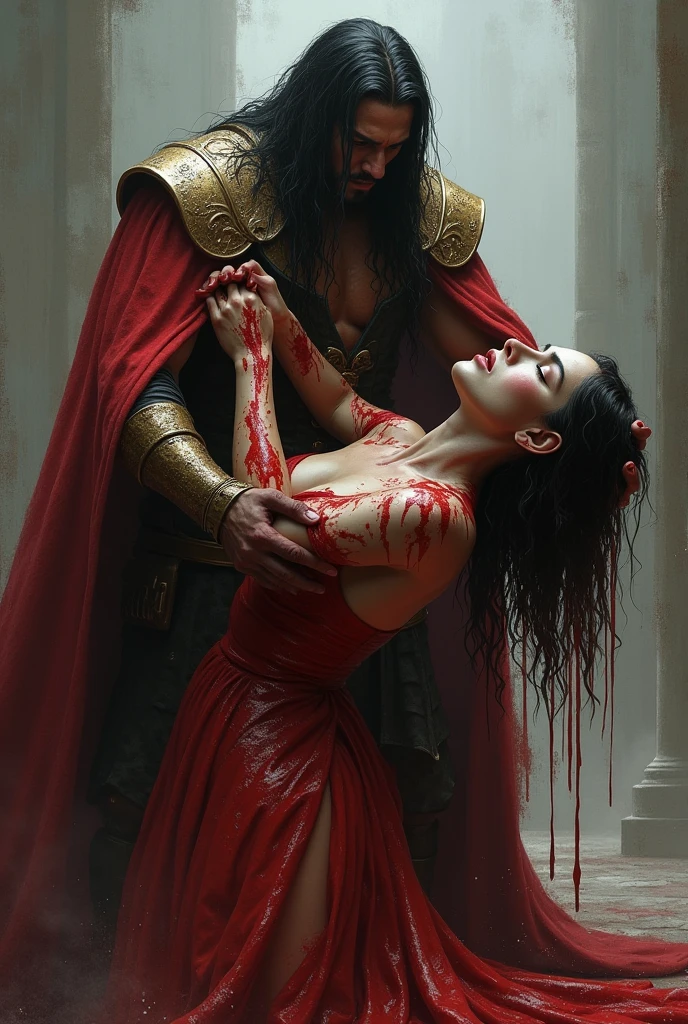 Lady Seraphina d’Aurelis is depicted in the midst of torturing a prisoner, her body covered in blood from the brutal act. She wears a sadistic smile on her face, her eyes gleaming with dark pleasure as she revels in the pain she inflicts. Her once-elegant clothing is disheveled and soaked with blood, clinging to her form as she stands over her victim. The chamber around her is dark and foreboding, with stone walls stained from countless tortures. Implements of pain and suffering are scattered about, and the prisoner, bound and broken, lies at her feet, barely clinging to life. The atmosphere is tense and chilling, emphasizing the sadistic enjoyment Seraphina takes in her work. The depiction should be in a realistic, dark fantasy style, highlighting the intensity and horror of the scene.