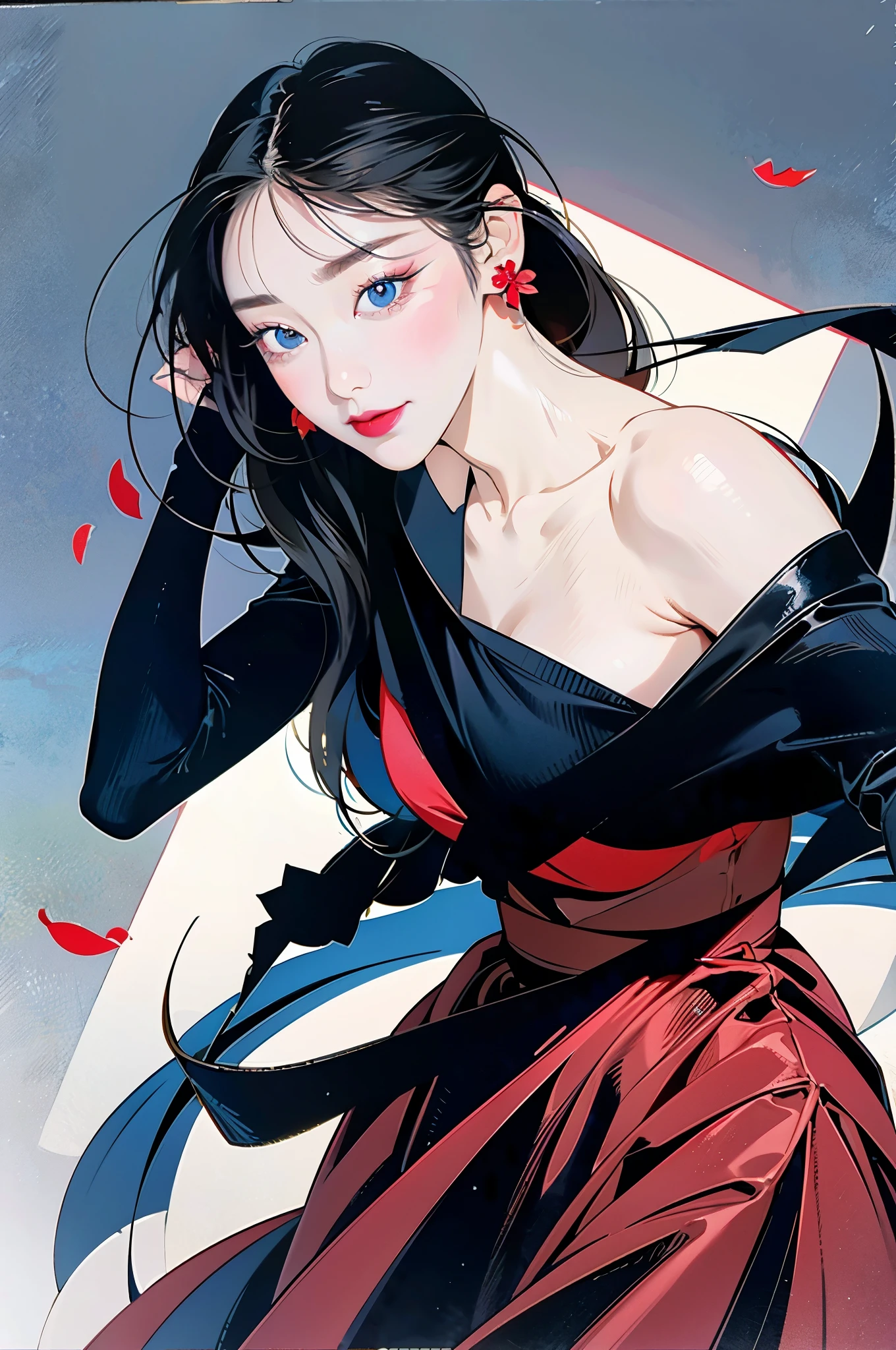 tsuruta ichiro, Narrow-eyed, 1girl in, Allback、shorth hair、brow、Reluctance、A dark-haired、Tucked Hair Solo, Cowgirl, Red dress,  ((mideum breasts)),  Thin slit eyes、blue grey eyes, Random colored hair, gloves, Dress,  Jewelry, earrings, sharp eye、Red Glove, elbow groves,Raise your hands and tie your hair back, random color, random color dress, From Side, makeup, Slender eyes、lip stick, Complex petal pattern, Rim Light, Back Light, pastel color,