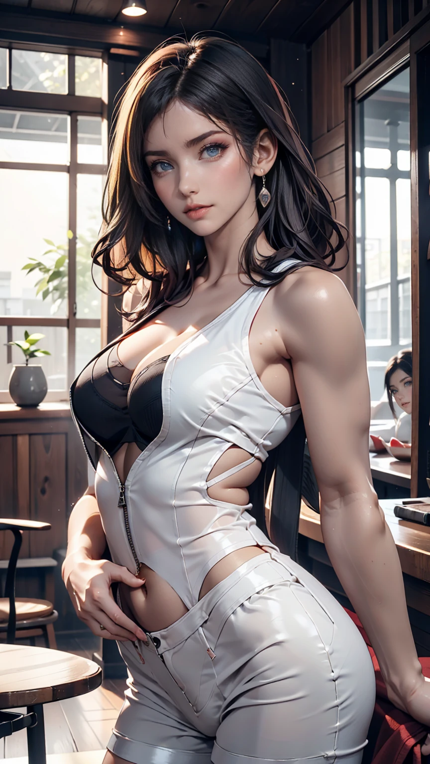 Major Kusanagi Motoko from Ghost in the Shell、24-year-old female、Black Hair、Iris、Bobcut、Sexy proportions、Narrow waist、mature female body、Sexy body type、White bodysuit、Night City、Skyscraper rooftop、Looking down