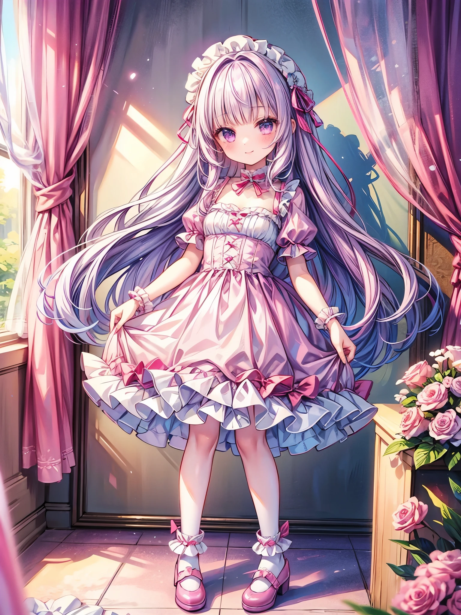 1girl, solo, full body, beautiful illustration, happy smile, cute girl, pastel color, petite body, medium breasts, BREAK, light purple hair, BREAK, long hair, blunt bangs, glossy eyes, BREAK, purple eyes, BREAK, court, looking at viewer, pink hairpin, photorealistic, Color Field painting, best quality, masterpiece, super detail, best quality, Pink Vintage Lace Party Prom Cotton Short Sleeve Sweet ta Dress, Pink Lolihoes, frilled socks, from front
