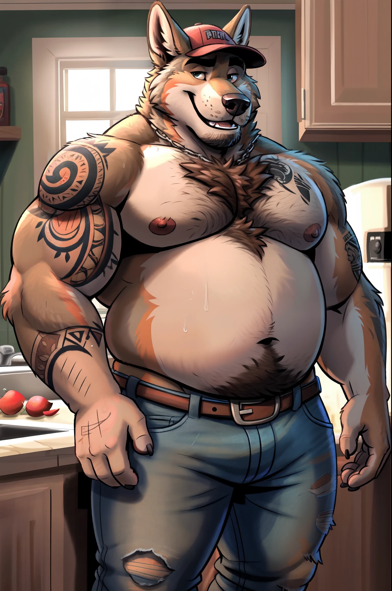 highest res, brown wolf, anthro, 4 fingers, very realistic most detailed most accurate blurred background, middle aged mature male in early 40's, musclegut, musclegut anthro, musclegut male, tail, standing in very realistic most detailed most accurate kitchen of very realistic most detailed most accurate luxury mansion, solo, by dramamine, by nanoff, by minedoo, by dream_and_nightmare, by horrorbuns, very fluffy detailed slightly dark multi tone wolf fur, full body view, most realistic detailed wolf fur pattern, colors, and markings, most calm sexy seductive face, dynamic most calm relaxed very tough and manly cool sexy seductive pose, smiling, smiling at viewer, scruffy, frontal view, fully front facing view, american, average height most fat and chubby most sexy stocky muscular body, dad bod, daddy, dilf, closed mouth, detailed medium sized dark nipples, nipple tips and areolas, open eyes, detailed dark pupils, summer, nude male, perfect quality, masterpiece, perked up ears, very hairy hirsute body, facing viewer, without text, indoors, closeup, detailed huge pecs and moobs, most detailed slightly big belly, most realistic body proportions, most tough and manly, most detailed wolf teeth, bottomwear, wearing most detailed very tough and manly plain white underwear, belly overhang, most detailed very long fluffy happy trail, hdr, 8k, detailed deep navel, most detailed very long fluffy chest and belly hair, most detailed short dark wolf hair, most detailed short most tough and manly mature hairstyle, an14, best anatomy, perfect ergonomics, underwear bulge, morning, wearing realistic detailed very tough and manly open robe, e621,