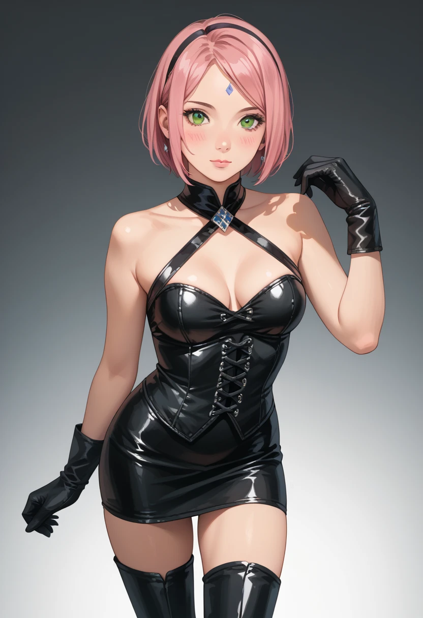 ((NSFW)), masterpiece,highest quality, High resolution, highly detailed face, Detailed CG, sakura haruno, green eyes, pink hair, short hair,medium breasts, diamond forehead mark, standing, black sandals, ((perfect body, beautiful body, beautiful legs, beautiful face))
(Long gloves covered in black latex all the way to the fingertips), (Black latex corset minidress), (Halter neck corset minidress), (Black latex tight miniskirt), (Black thigh-high boots),blush,stylish pose, stylish angle,looking at the viewer, in the center of the image,
