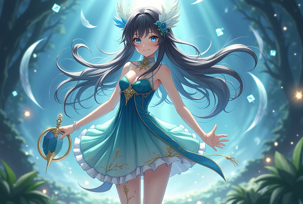 One character is a girl. The figure is full-length, standing half-turned, looking at the viewer. White skin, light long straight hair, waist length hair. Pleasant, pretty, sexy, slanted fox eyes, sweet smile. Magic in the hands, creates a water whirlwind, water sprites, in a circular motion, a water whirlpool in the hands. The magic of water. She is dressed in a blue lace dress, very short, moving to the rhythm of movement. Flowers, water, movement in a circle, one figure of a girl in the center.
02_ Atmosphere of the sea element, in blue tones, flowers, water, girl. High image quality. Wide format FUL HD. High detail, textures, fabrics, flowers, water, body, code, hair. Detailed, beautiful face. Sea light, reflection, refraction. Squeak, starfish, seabed. Unreal Engine, Cinematic 3D rendering. Epic character.
