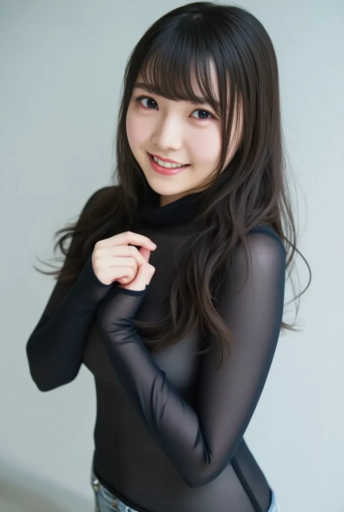 8k, RAW Photo, Best Quality, Masterpiece:1.2),(Realistic, photo-realistic:1.37), Super Detail, She is wearing tight thin fitting transparent black long sleeve turtleneck , no pants, no skirts, transparent black pantyhose, cinematic lighting, sexy pose, monotone background, facing front, smiling, portrait, dressed up to the belly button, dressed up to the neck
