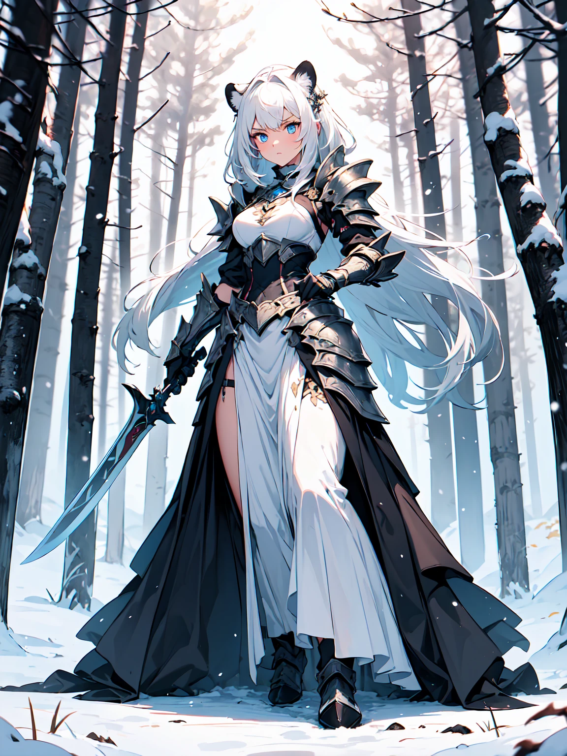 masterpiece,highest quality,Ultra high definition, Under the moonlight, a dark elf warrior stands quietly in a deep forest. Her silver hair blends into the darkness of the night, and her cold blue eyes stare into the distance. Her skin is pale, her ears long and pointed, and she is clad in black and purple. In her hand she holds a crafted black bow, and behind her stands a stone monument inscribed with ancient runes. Silence surrounds her, and her presence alone gives the forest a powerful impression