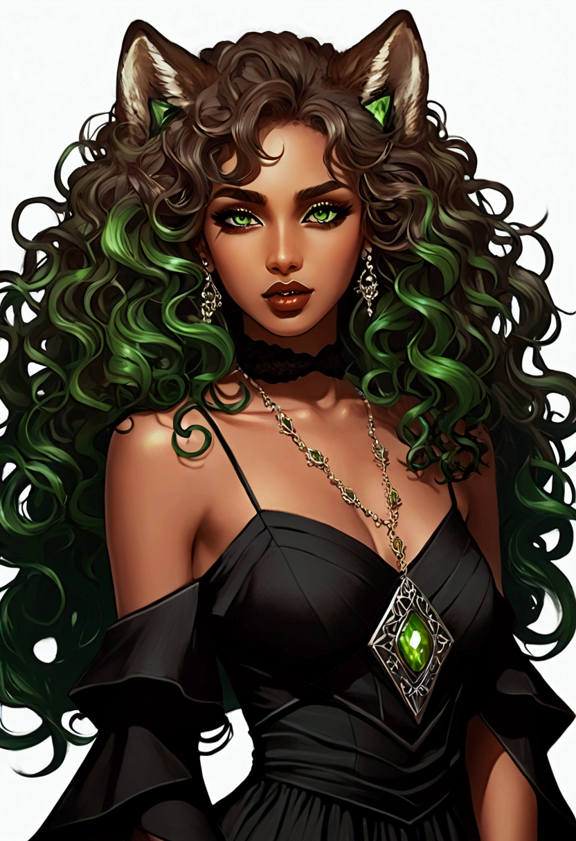 Brown-skinned werewolf ,  green eyes , curly hair ,  sexy gothic look and dress , (Let it be in manga)