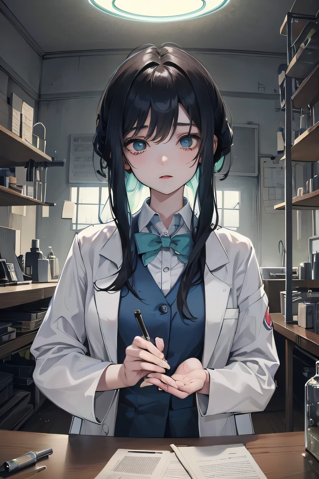 Anime girl with long black hair and blue eyes in a library - SeaArt AI